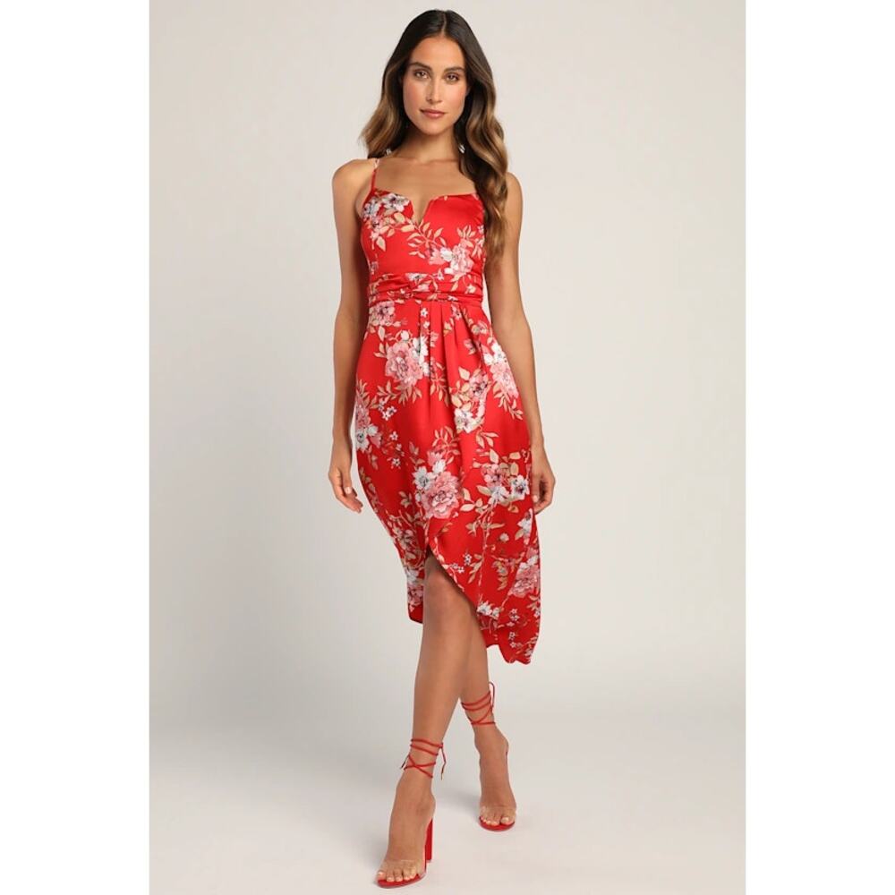 NWT Lulus My Favorite Day Red Floral Print Tulip Skirt Midi Dress Party Size XS